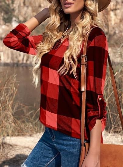 Red And Black Checkered Long Sleeve V-Neck Top image 3